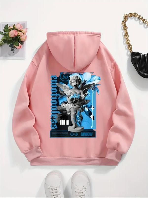Women'WB shield Letter & Angel Print Drawstring Pocket Hoodie, Fashion Casual Long Sleeve Hooded Sweatshirt for Daily...
