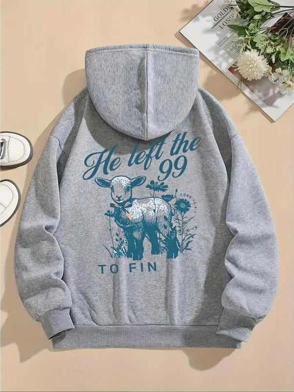 Women'WB shield Letter & Animal Print Drop Shoulder Hoodie, Fashion Casual Drawstring Pocket Hooded Sweatshirt for Daily...