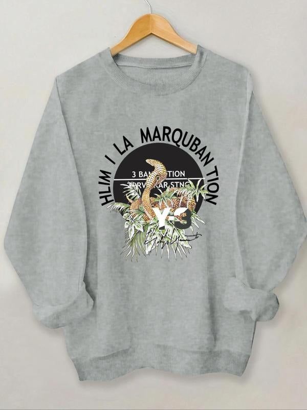 Women'WB shield Letter & Animal Print Drop Shoulder Sweatshirt, Casual Long Sleeve Round Neck Pullover for Spring & Fall,...