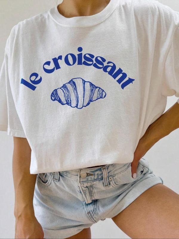 Women'WB shield Letter & Baguette Print Round Neck Tee, Vintage Trendy Casual Short Sleeve T-shirt for Daily Wear, Ladies...