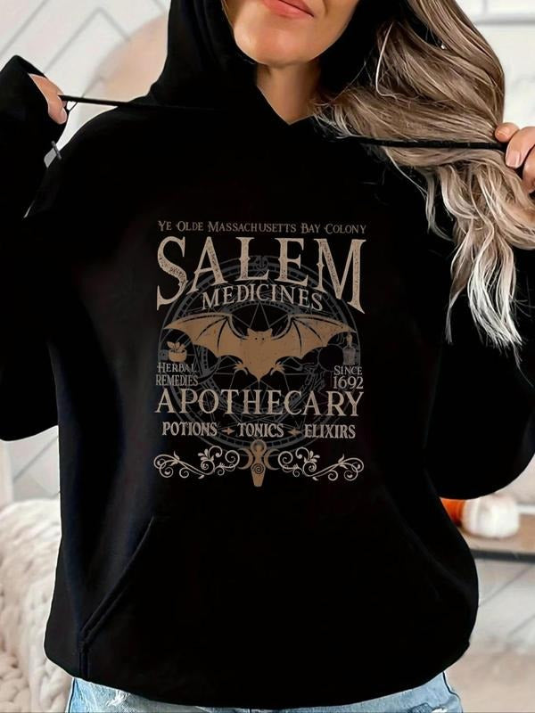 Women'WB shield Letter & Bat Print Pocket Hoodie, Casual Long Sleeve Hoodies for Daily Holiday Outdoor Wear, Women'WB...
