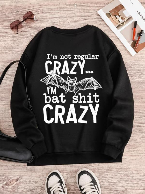 Women'WB shield Letter & Bat Print Round Neck Sweatshirt, Casual Long Sleeve Crew Neck Pullover for Spring & Fall,...
