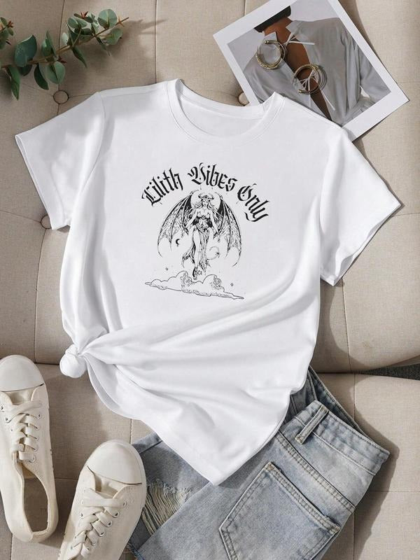Women'WB shield Letter & Bat Print Round Neck Tee, Casual Short Sleeve Crew Neck T-shirt for Summer, Fashion Women'WB...
