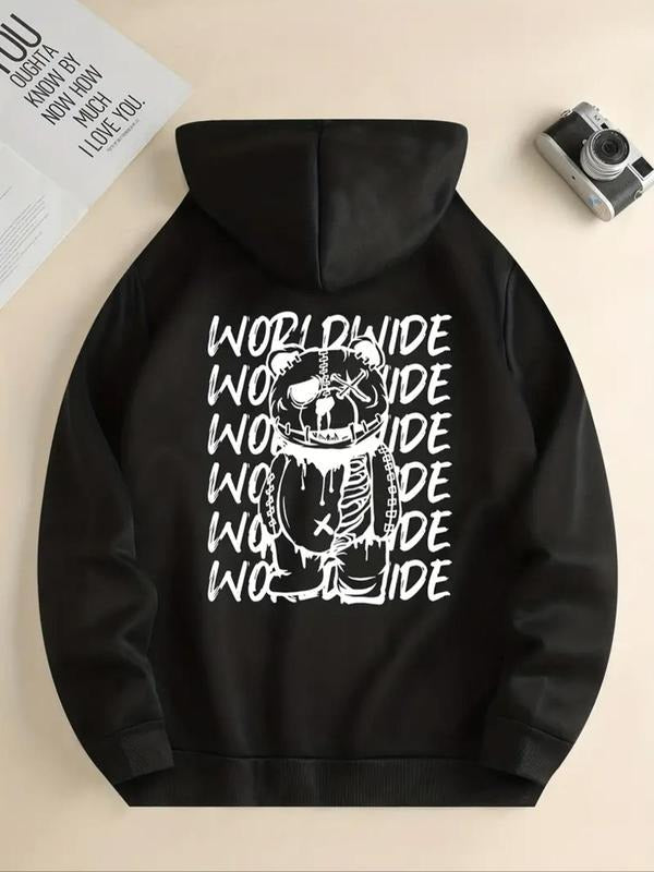 Women'WB shield Letter & Bear Print Drawstring Pocket Hoodie, Fashion Casual Hooded Sweatshirt for Daily Holiday Outdoor...
