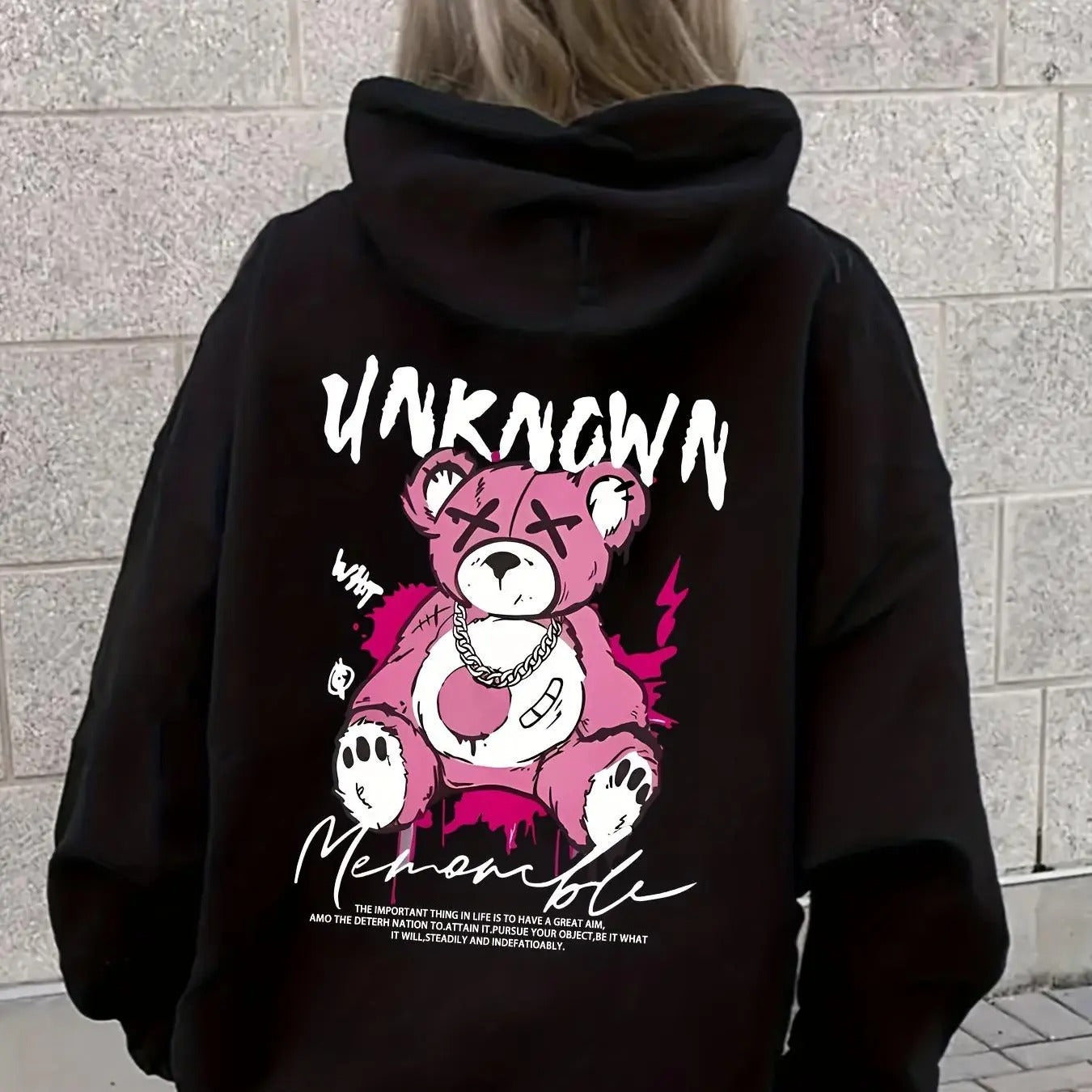 Women'WB shield Letter & Bear Print Kangaroo Pocket Hoodie, Fashion Casual Hooded Sweatshirt for Daily Holiday Outdoor...