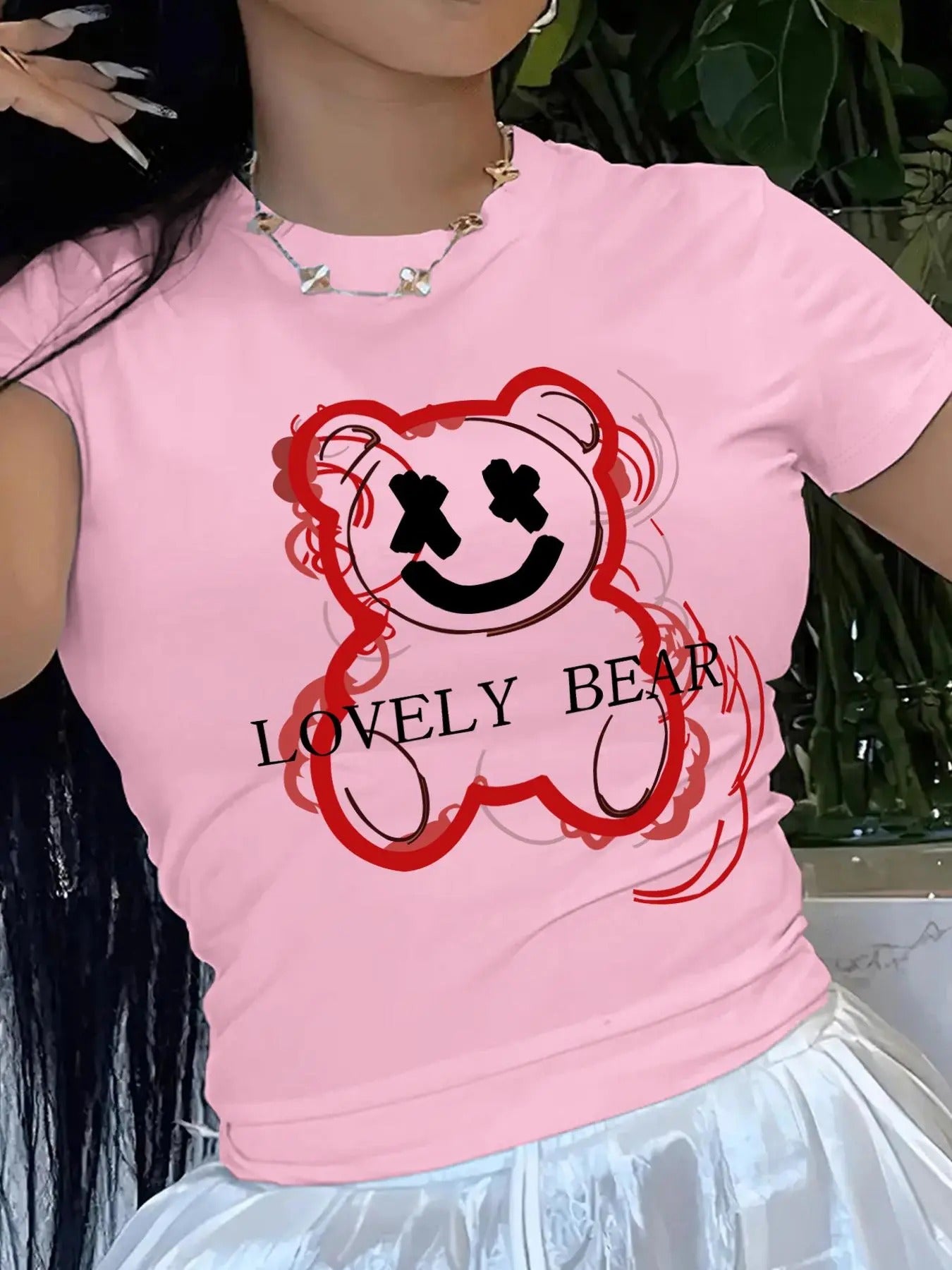 Women'WB shield Letter & Bear Print Round Neck Tee, Fashion Casual Crew Neck T-shirt for Daily Holiday Vacation Outdoor...
