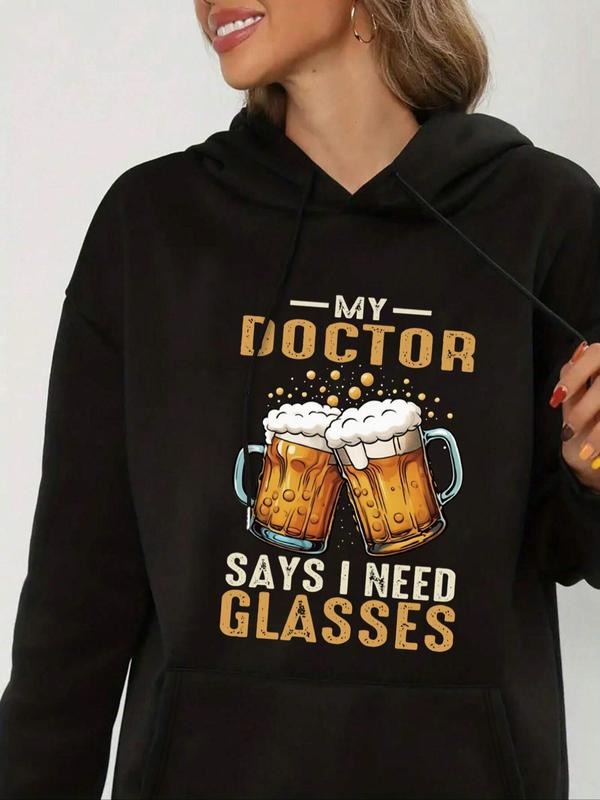 Women'WB shield Letter & Beer Print Drop Shoulder Hoodie, Fashion Casual Drawstring Pocket Hooded Sweatshirt for Daily...
