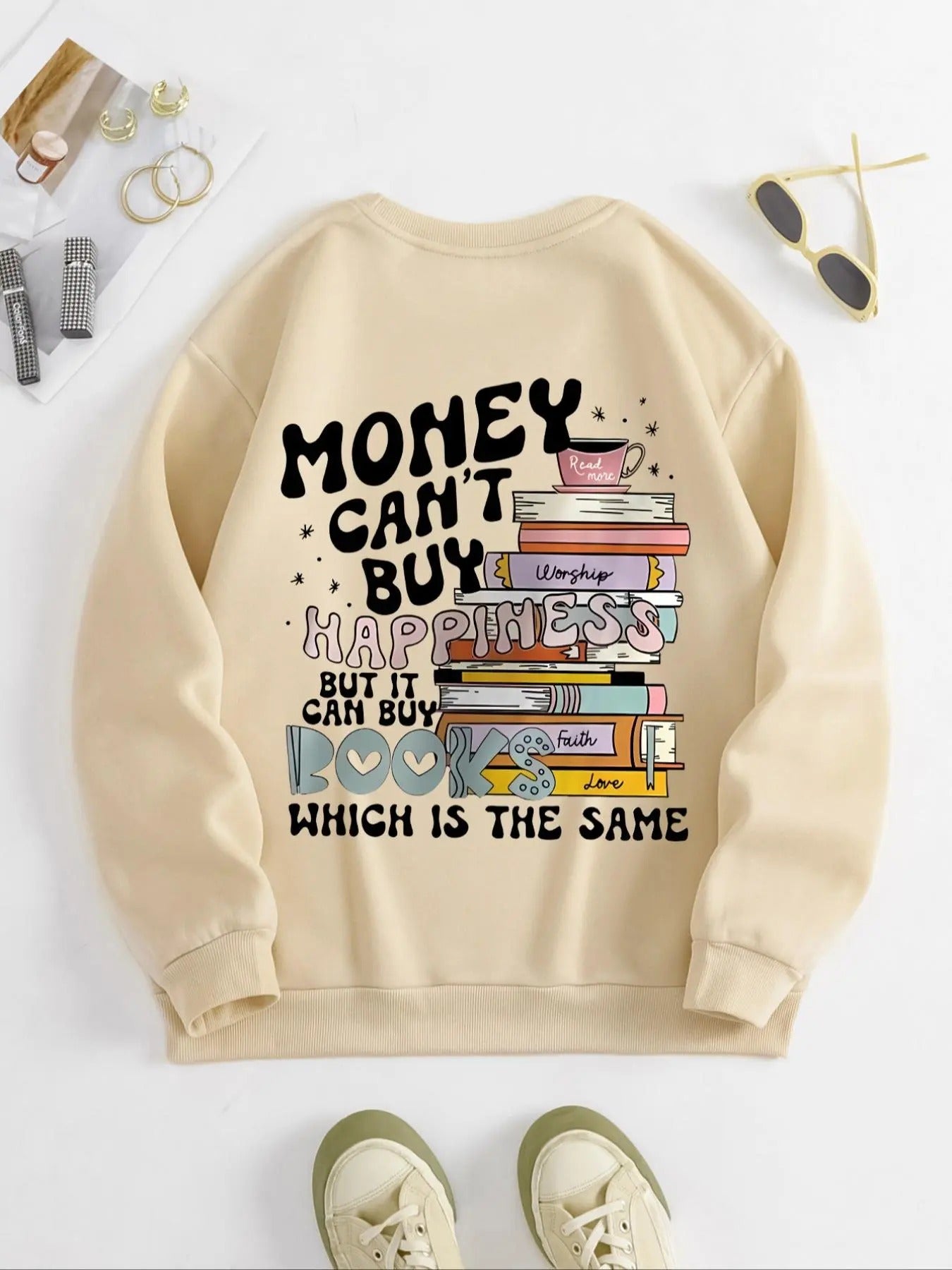 Women'WB shield Letter & Book Print Round Neck Sweatshirt, Casual Long Sleeve Crew Neck Pullover for Spring & Fall,...