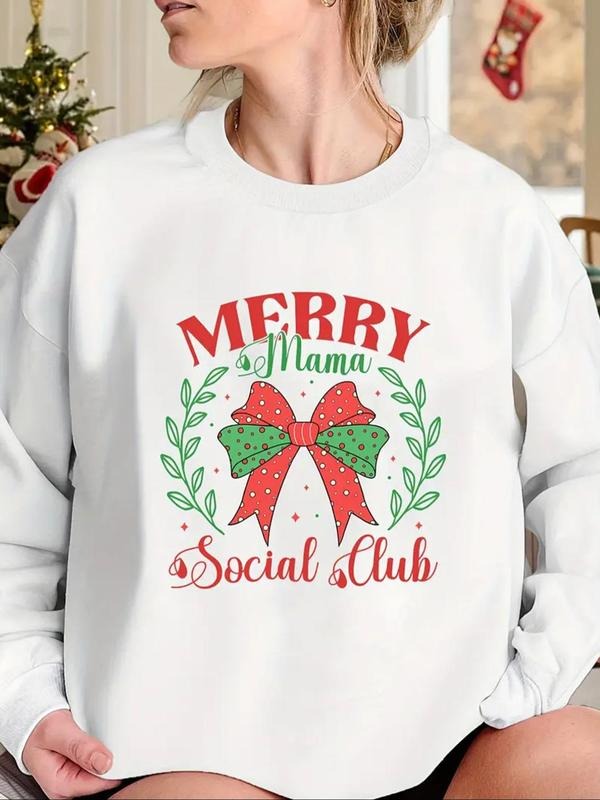 Women'WB shield Letter & Bow Print Crew Neck Pullover, Casual Long Sleeve Sweatshirt for Fall & Winter, Women'WB shield...
