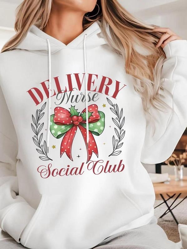 Women'WB shield Letter & Bow Print Pocket Hoodie, Casual Long Sleeve Hooded Sweatshirt for Spring & Fall, Fashion Ladies'...