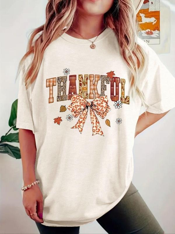 Women'WB shield Letter & Bow Print Round Neck Tee, Casual Short Sleeve Crew Neck T-Shirt for Summer, Fashion Women'WB...