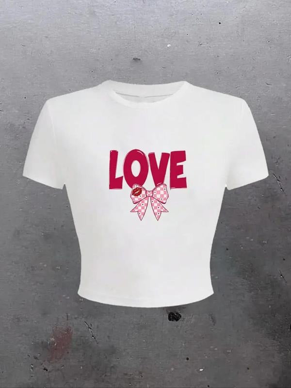 Women'WB shield Letter & Bow Print Round Neck Tee, Casual Short Sleeve Crew Neck T-Shirt for Summer, Fashion Women'WB...