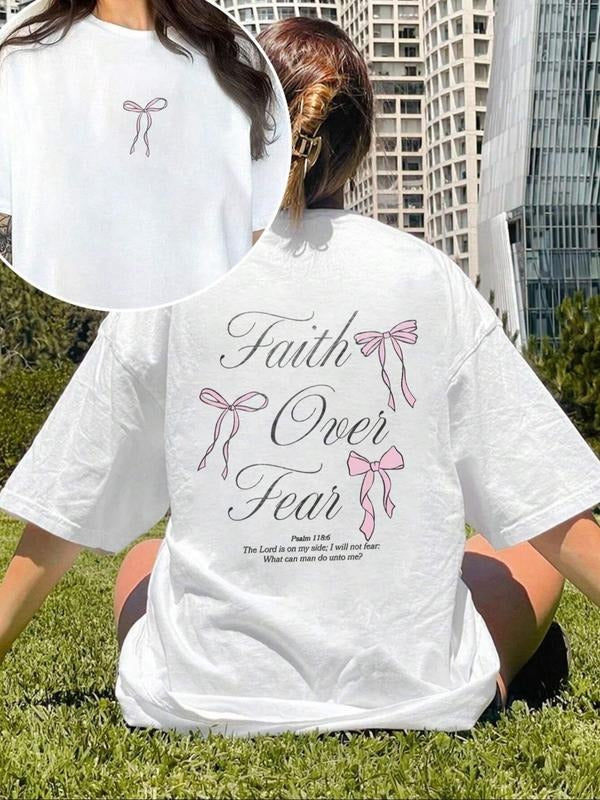 Women'WB shield Letter & Bow Print Round Neck Tee, Casual T-shirt for Daily Wear, Ladies Summer Tops Hoodie, Sweatshirt