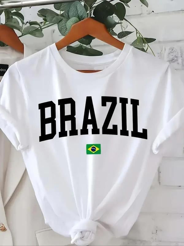 Women'WB shield Letter & Brazil Flag Print Round Neck Graphic Tee, Vintage Trendy Casual Short Sleeve T-shirt for Daily Wear, Ladies Summer Outfit