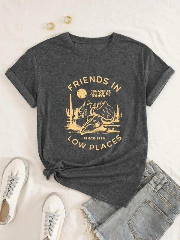 Women'WB shield Letter & Bull Head & Cactus Print Round Neck Tee, Casual Short Sleeve Crew Neck T-shirt for Daily Wear,...