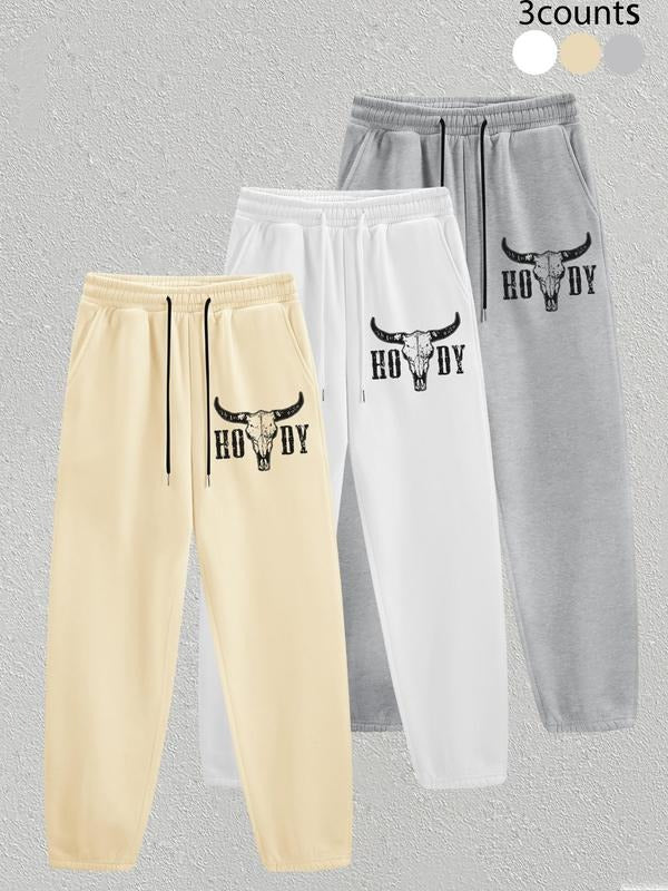Women'WB shield Letter & Bull Head Print Drawstring Waist Sweatpants, Casual Elastic Waist Pocket Jogger Pants for Fall &...