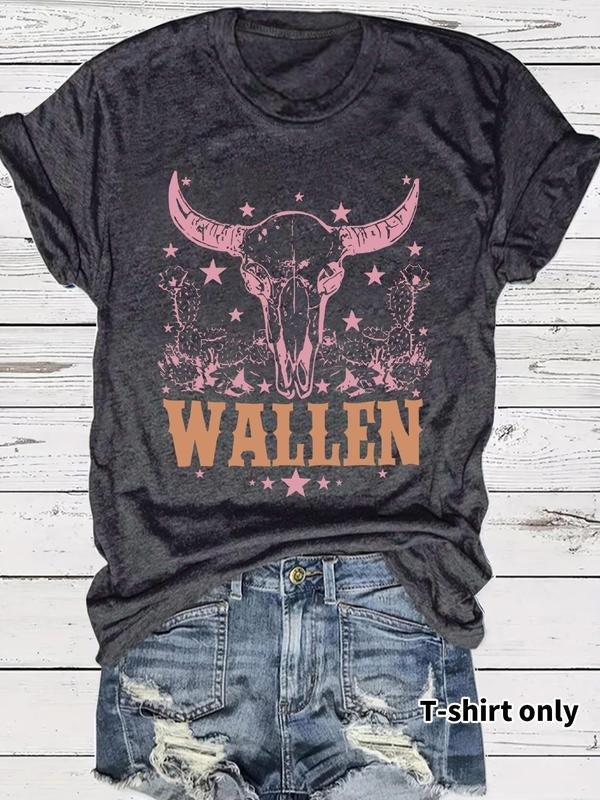 Women'WB shield Letter & Bull Head Print Round Neck Tee, Casual Short Sleeve Crew Neck T-shirt for Summer, Fashion...