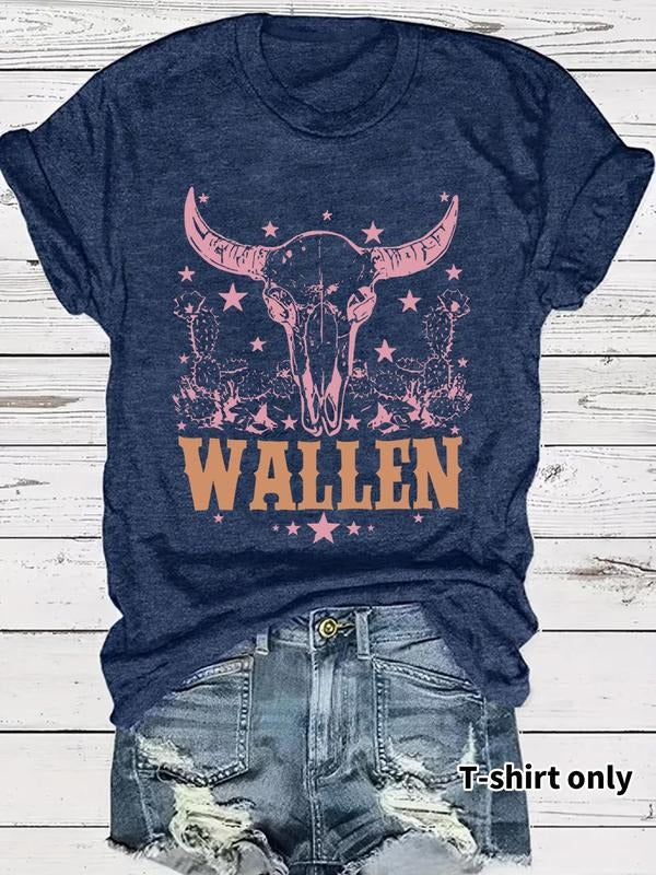 Women'WB shield Letter & Bull Head Print Round Neck Tee, Casual Short Sleeve Crew Neck T-shirt for Summer, Fashion...