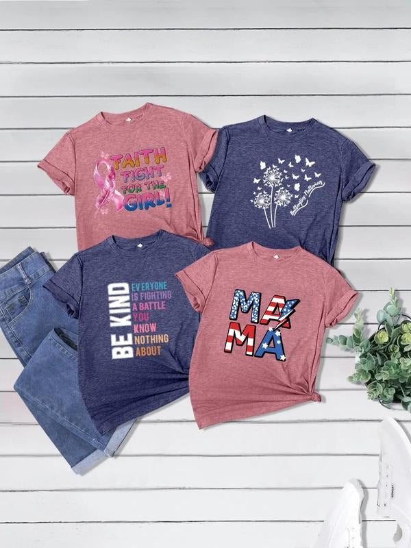 Women'WB shield Letter & Butterfly Print Round Neck Tee, Casual Short Sleeve T-shirt for Daily Wear, Ladies TNF for Spiky...