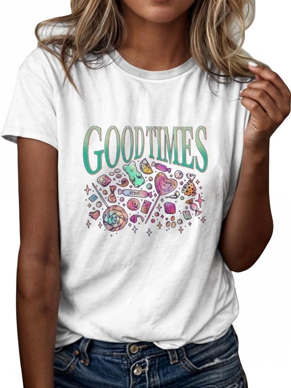 Women'WB shield Letter & Candy Round Neck Tee, Casual Short Sleeve T-shirt for Daily Wear, Ladies Spiky hair fighters...