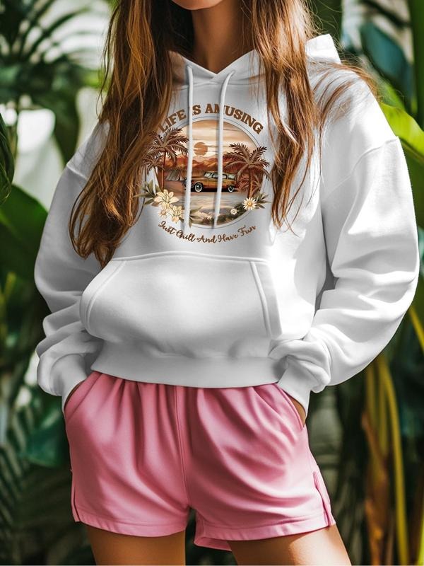 Women'WB shield Letter & Car & Landscape Print Drop Shoulder Hoodie, Fashion Casual Drawstring Pocket Hooded Sweatshirt...