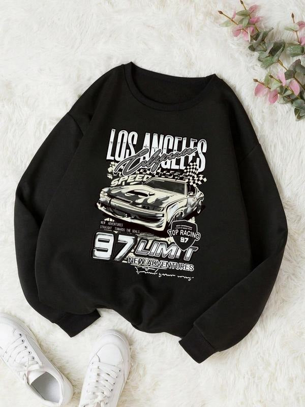 Women'WB shield Letter & Car Print Crewneck Drop Shoulder Pullover, Lady Fashion Casual Long Sleeve Crew Neck Sweatshirt...