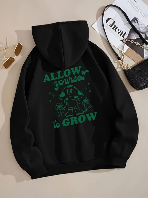Women'WB shield Letter & Cartoon Print Drawstring Pocket Hoodie, Casual Drop Shoulder Long Sleeve Hooded Sweatshirt,...
