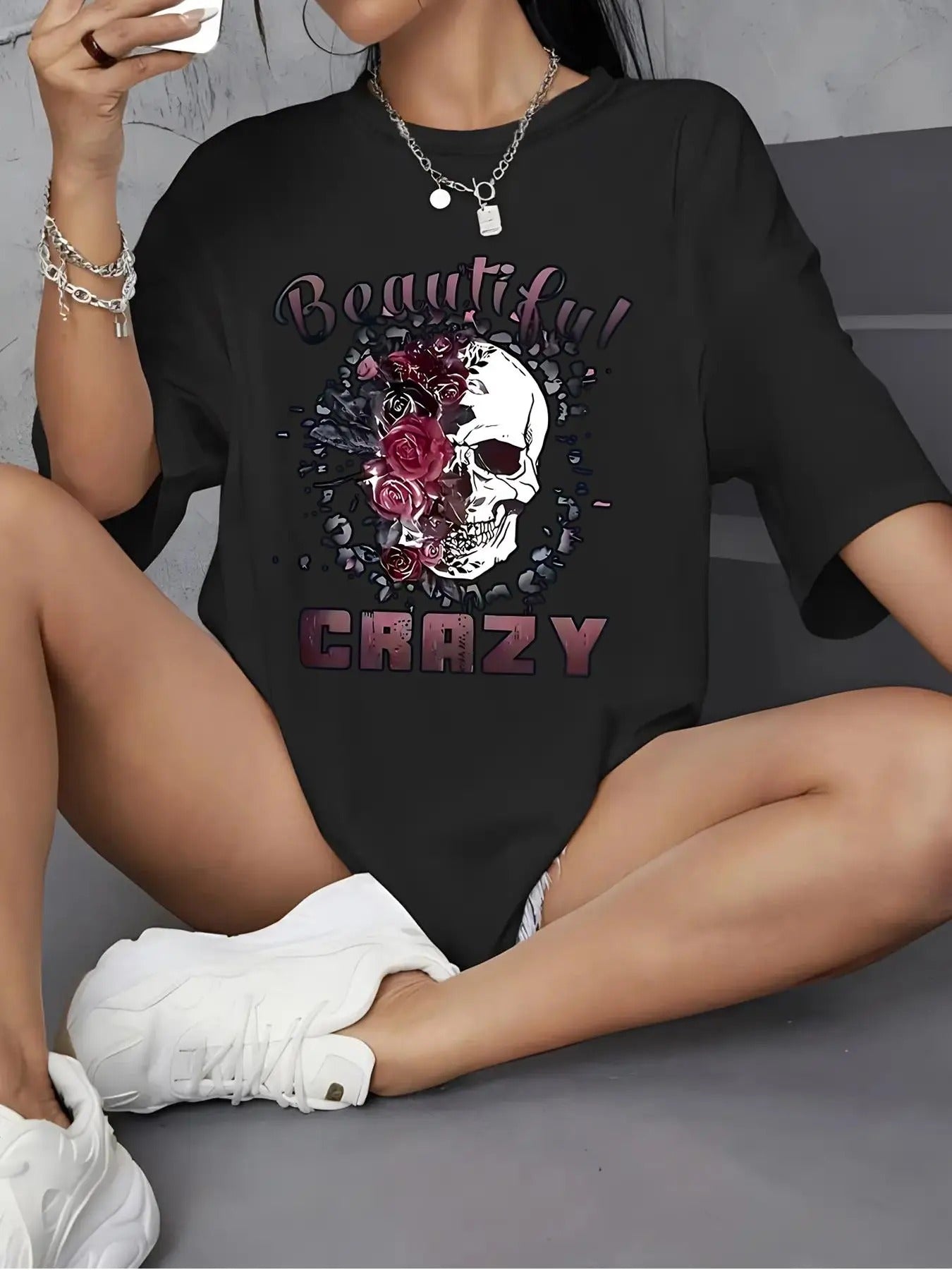Women'WB shield Letter & Cartoon Print Drop Shoulder Round Neck Tee, Punk Fashion Casual Half Sleeve Crew Neck Graphic...