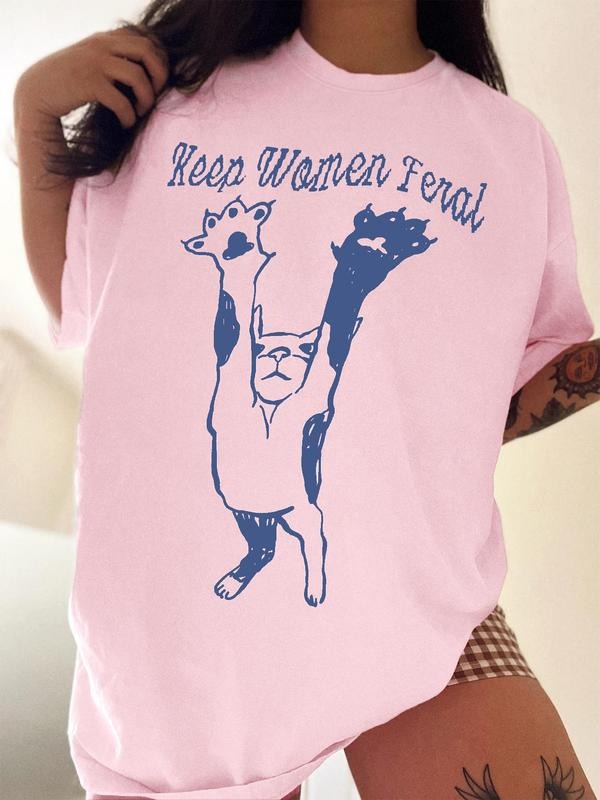Women'WB shield Letter & Cat Print Round Neck Tee, Casual Short Sleeve Crew Neck T-Shirt for Summer, Fashion Women'WB...