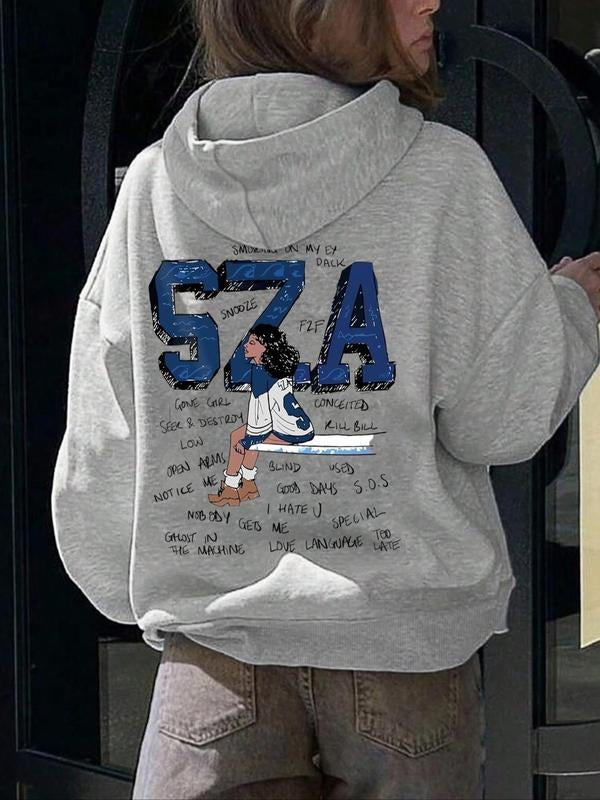 Women'WB shield Letter & Characters Print Drop Shoulder Drawstring Pocket Hoodie, Fashion Casual Hooded Sweatshirt for...