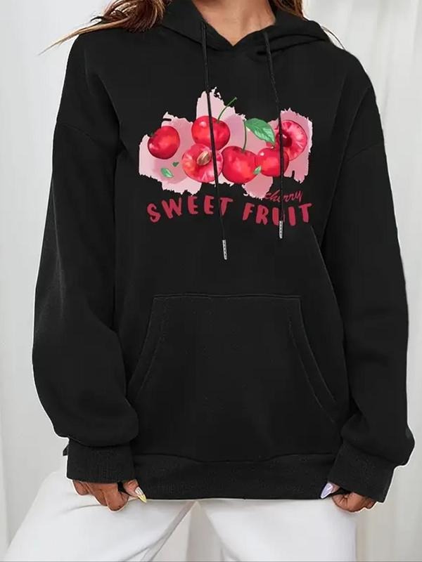 Women'WB shield Letter & Cherry Print Drawstring Drop Shoulder Hoodie, Fashion Casual Pocket Hooded Sweatshirt for Daily...