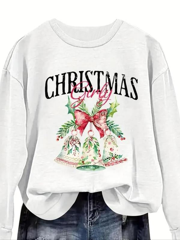Women'WB shield Letter & Christmas Bell Print Crew Neck Sweatshirt, Trendy Casual Long Sleeve Pullover for Fall & Winter,...