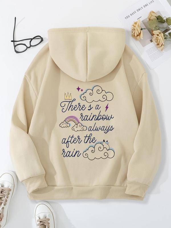 Women'WB shield Letter & Cloud Print Drawstring Pocket Hoodie, Casual Long Sleeve Hooded Sweatshirt for Fall & Winter,...