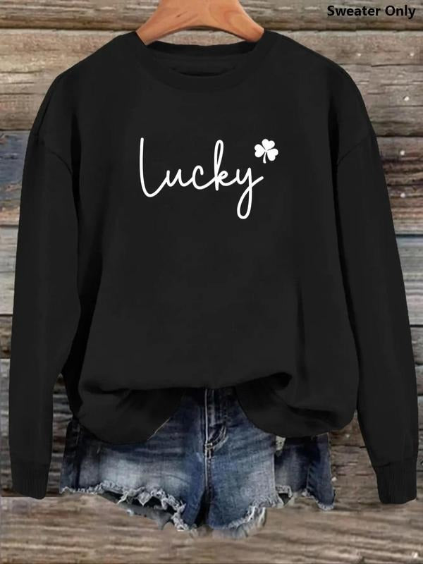 Women'WB shield Letter & Clover Print Drop Shoulder Sweatshirt, Casual Long-Sleeve Round Neck Pullover For Daily Wear,...