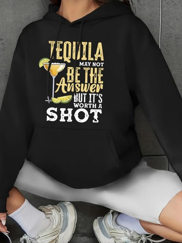 Women'WB shield Letter & Cocktail Print Drop Shoulder Drawstring Hoodie, Casual Long Sleeve Kangaroo Pocket Hooded...