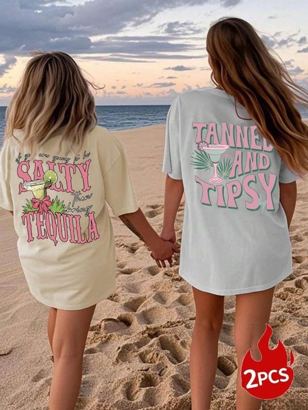 Women'WB shield Letter & Cocktail Print Round Neck Tee, Casual Trendy T-shirt for Daily Wear, Ladies Summer Outfit, Top...