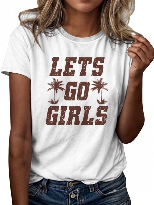 Women'WB shield Letter & Coconut Tree Print Round Neck Tee, Casual Short Sleeve T-shirt for Daily Wear, Ladies Spiky hair...