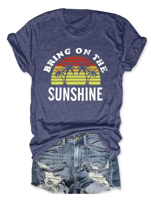 Women'WB shield Letter & Coconut Tree Print Round Neck Tee, Trendy Casual Striped Print Crew Neck Short Sleeve T-shirt...
