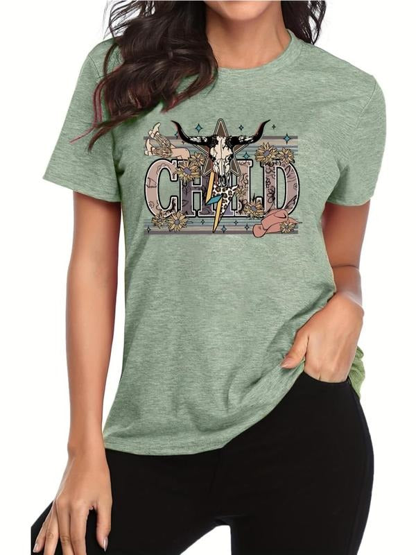 Women'WB shield Letter & Cow Head & Floral Print Round Neck Tee, Vintage Trendy Casual Graphic Short Sleeve T-Shirt for...