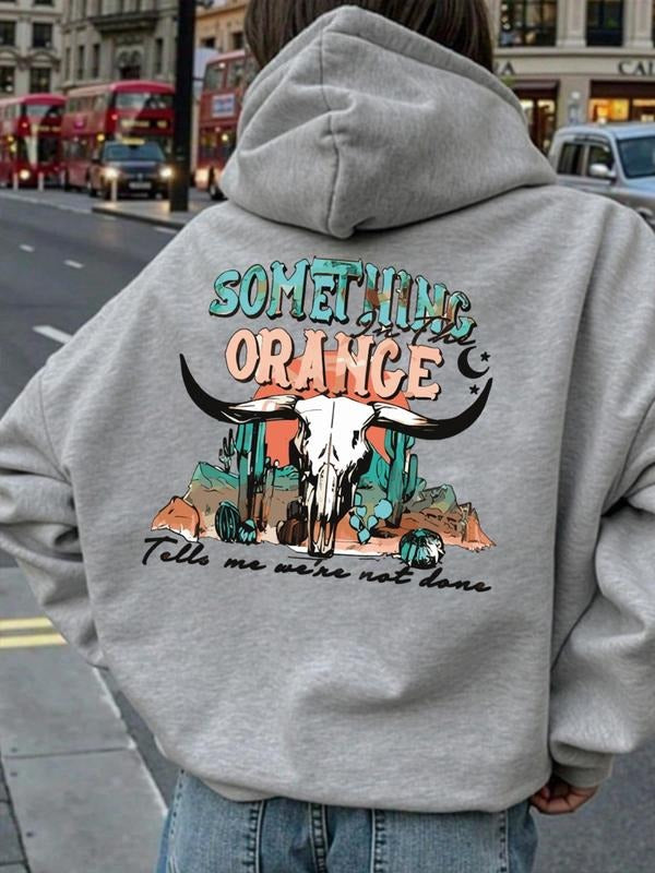 Women'WB shield Letter & Cow Head Print Drop Shoulder Hoodie, Fashion Casual Drawstring Pocket Hooded Sweatshirt for...