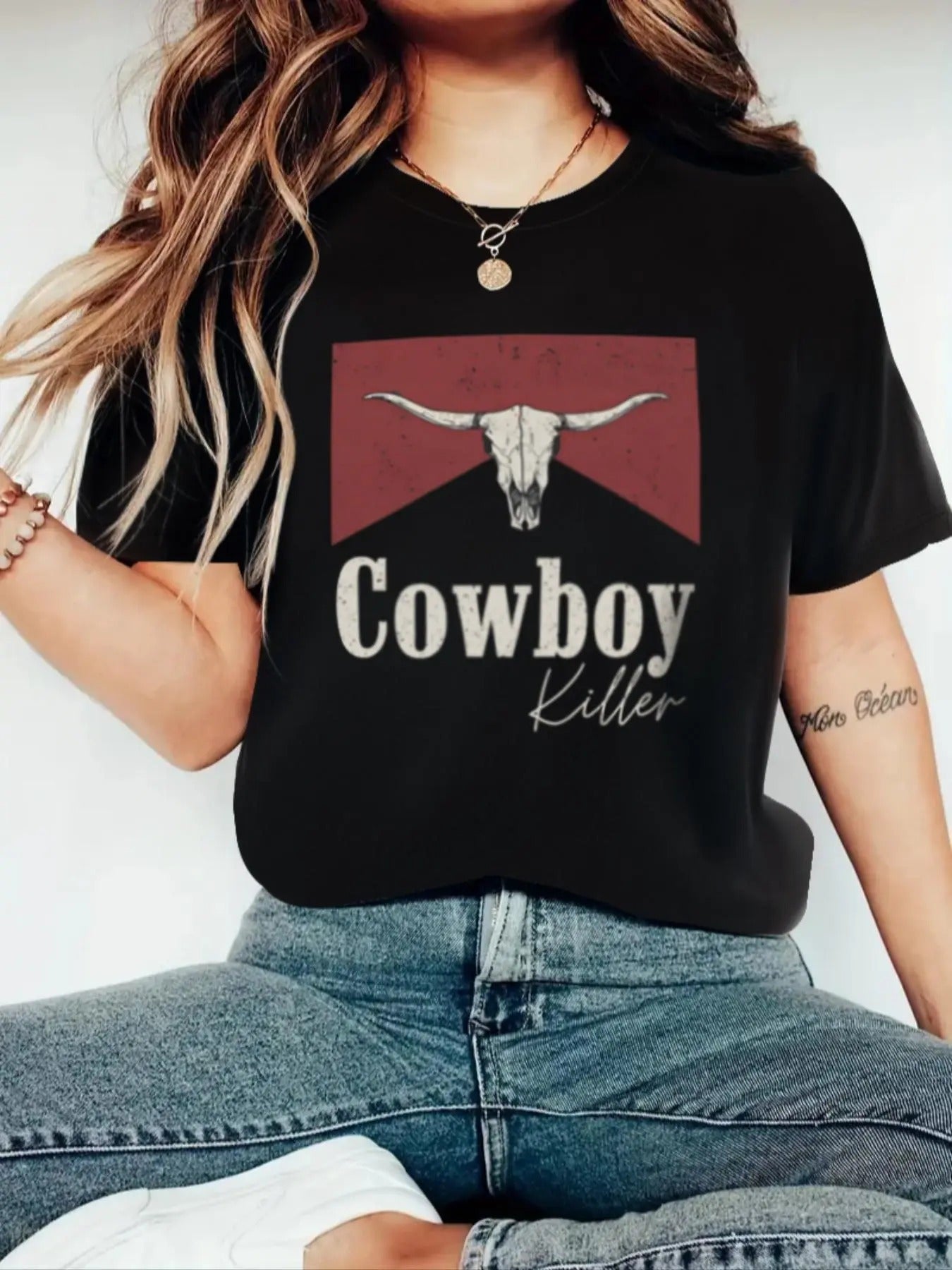 Women'WB shield Letter & Cow Print Round Neck Tee, Vintage Graphic Short Sleeve T-shirt For Daily Wear, Ladies Spiky hair...