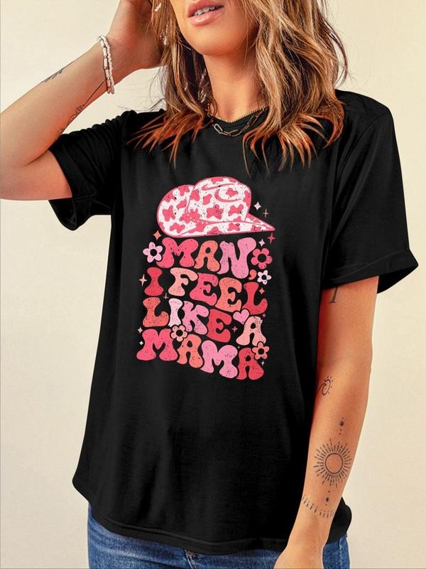 Women'WB shield Letter & Cowboy Hat Print Round Neck Tee, Trendy Casual Short Sleeve T-Shirt for Daily Wear, Ladies...