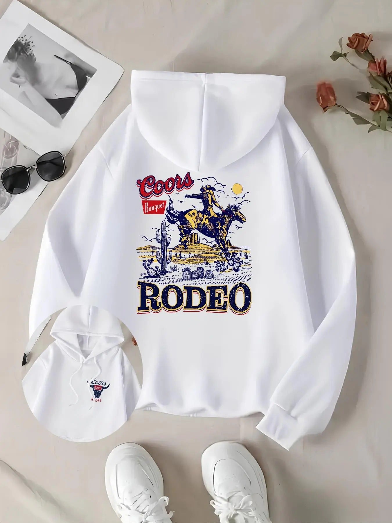 Women'WB shield Letter & Cowboy Print Drop Shoulder Hoodie, Fashion Casual Drawstring Pocket Hooded Sweatshirt for Daily...