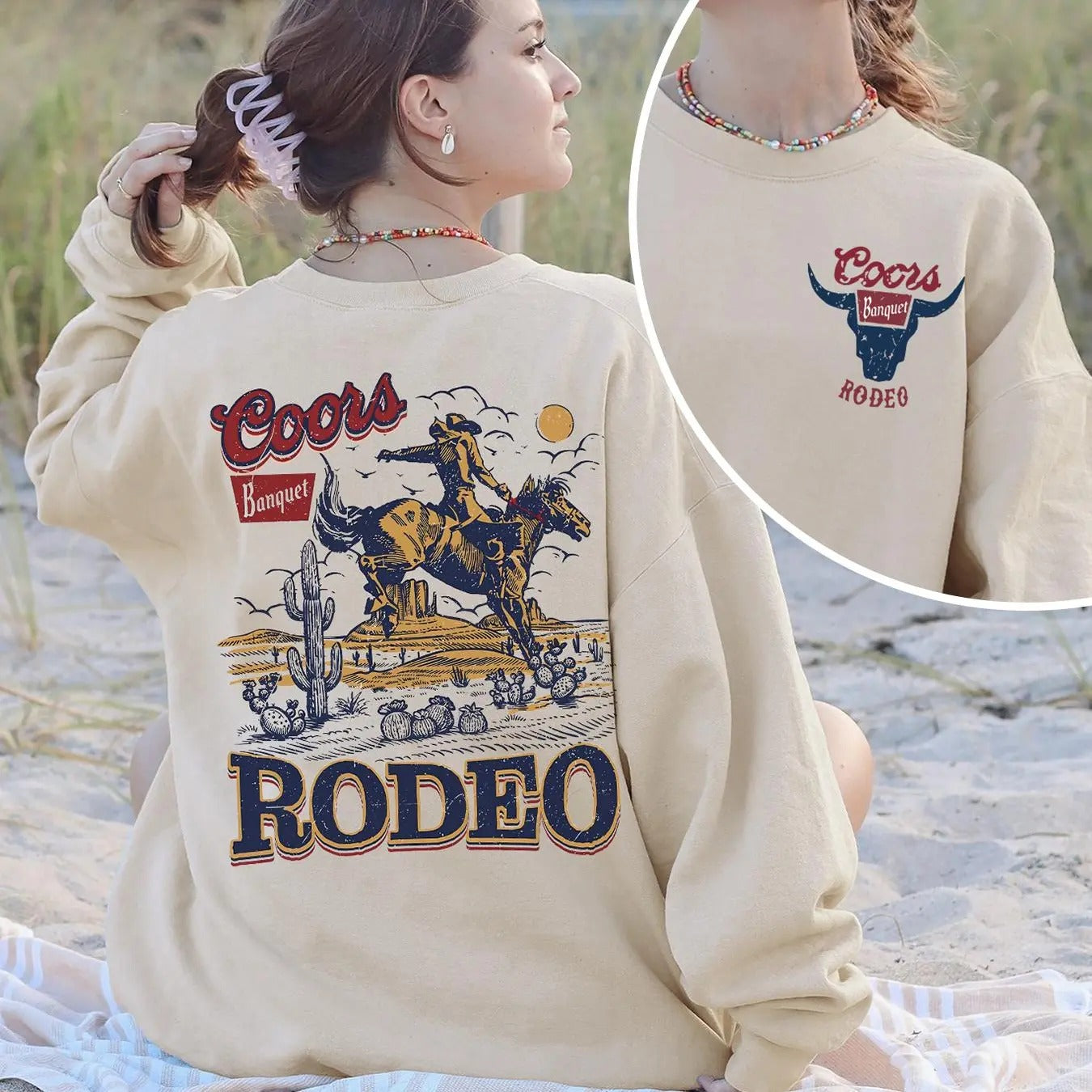 Women'WB shield Letter & Cowboy Print Drop Shoulder TNF Lined Sweatshirt, Casual Long Sleeve Round Neck Pullover for Fall...