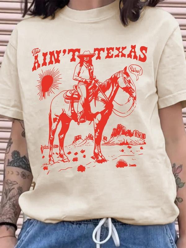 Women'WB shield Letter & Cowboy Print Round Neck Tee, Vintage Trendy Casual Graphic Short Sleeve T-shirt for Daily Wear,...