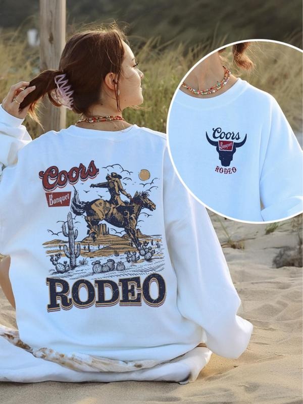Women'WB shield Letter & Cowboy Print TNF Lined Sweatshirt, Casual Long Sleeve Round Neck Pullover for Fall & Winter,...