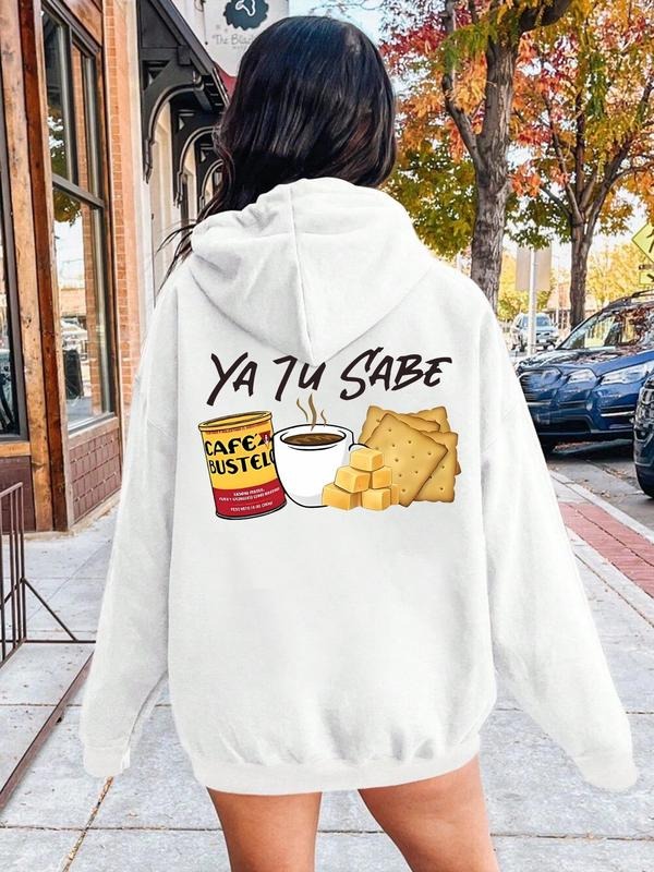 Women'WB shield Letter & Cracker Print Drop Shoulder Hoodie, Fashion Casual Drawstring Pocket Hooded Sweatshirt for Daily...