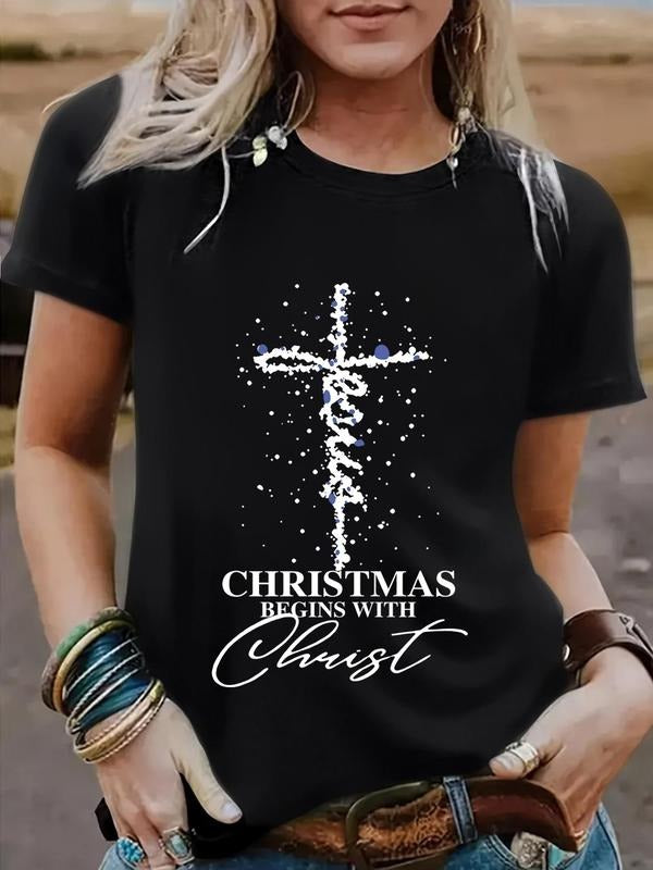 Women'WB shield Letter & Cross Print Round Neck Tee, Casual Short Sleeve Crew Neck T-shirt for Summer, Fashion Women'WB...