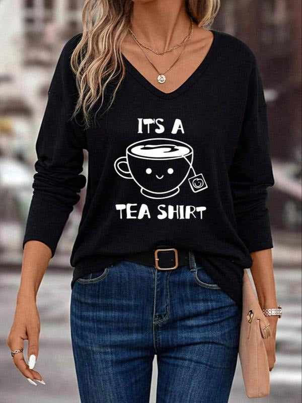 Women'WB shield Letter & Cup Print Drop Shoulder Tee, Casual Long Sleeve Superhero team Neck T-shirt for Fall & Winter,...