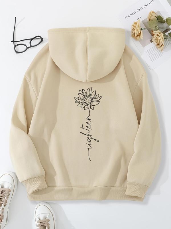 Women'WB shield Letter & Daisy Print Drawstring Pocket Hoodie, Casual Long Sleeve Hooded Sweatshirt for Fall & Winter,...